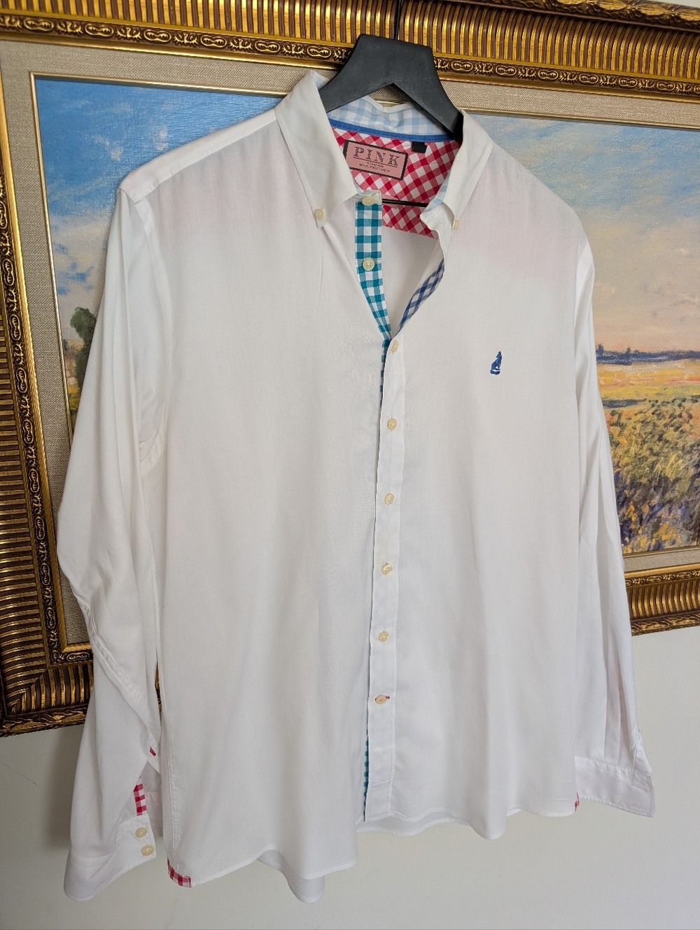 Thomas Pink White Sports Shirt with Blue Logo and Gingham Trim Large